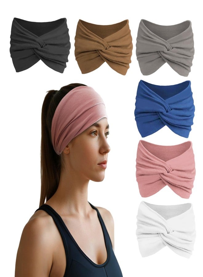 HSEM Headbands for Women, Non Silp Wide Hair Bands, Elastic Thick Head Bands, Stretchy Soft Sports Sweat Bands for Spa Workout Running Gym, Twist Knotted Cotton Cloth Turban Hair Accessories 6Pcs - Image 1